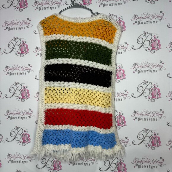 Vest cardigan knit handmade striped crochet ribbon π bow tie up warm cozy cute - Picture 8 of 14